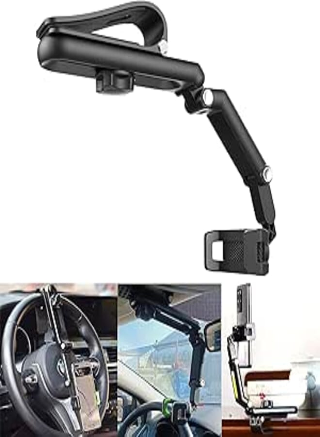 Urallain Car Phone Holder - Universal Adjustable Arm Cradle for Sun Visor, Rearview Mirror & Steering Wheel